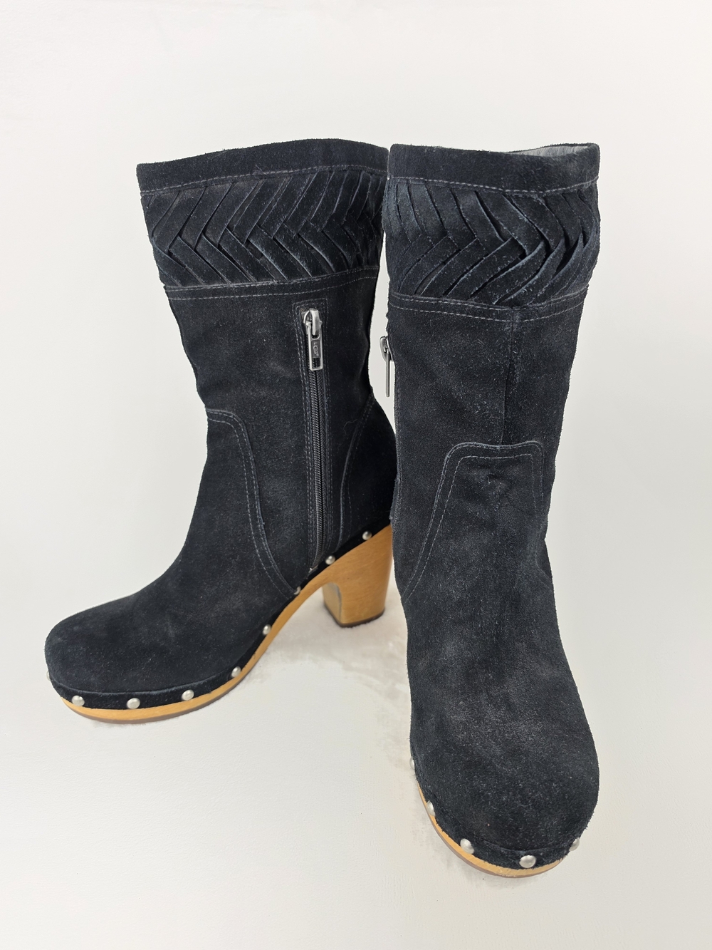 UGG Annaliza Womens 8 Black Suede Clog Heel Boots Herringbone Zip 1001309